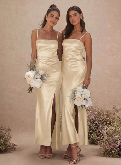 Sheath/Column Sleeveless Ankle-Length Silk Like Satin Bridesmaid Dresses With Split Front