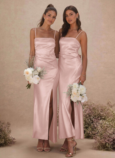 Sheath/Column Sleeveless Ankle-Length Silk Like Satin Bridesmaid Dresses With Split Front