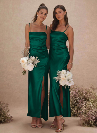 Sheath/Column Sleeveless Ankle-Length Silk Like Satin Bridesmaid Dresses With Split Front