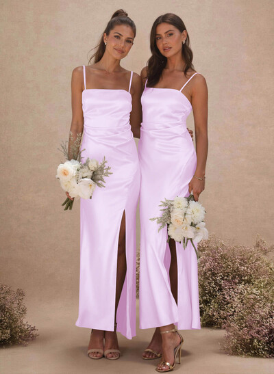 Sheath/Column Sleeveless Ankle-Length Silk Like Satin Bridesmaid Dresses With Split Front
