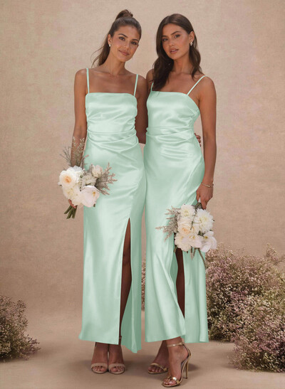 Sheath/Column Sleeveless Ankle-Length Silk Like Satin Bridesmaid Dresses With Split Front