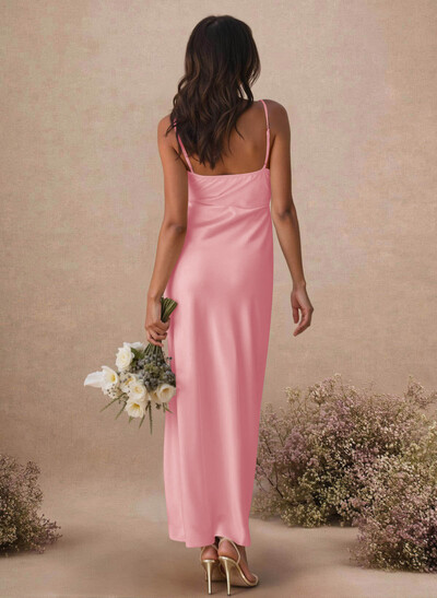 Sheath/Column Sleeveless Ankle-Length Silk Like Satin Bridesmaid Dresses With Split Front