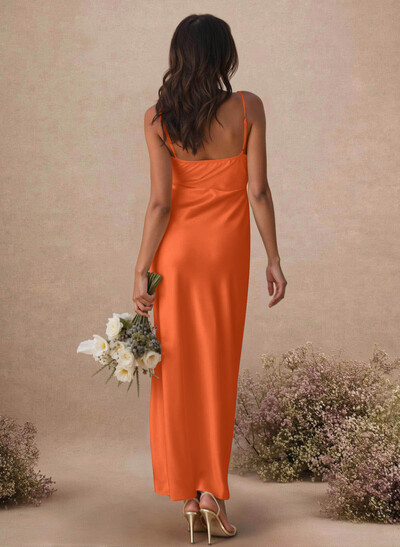 Sheath/Column Sleeveless Ankle-Length Silk Like Satin Bridesmaid Dresses With Split Front