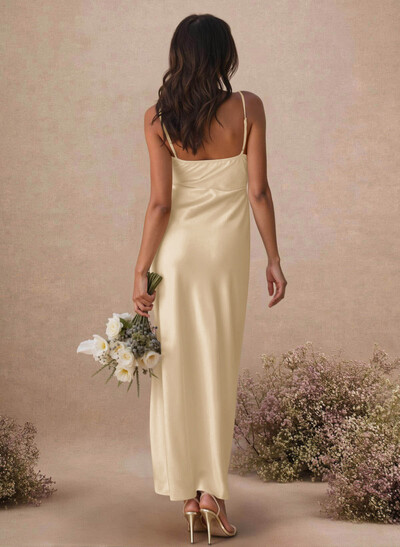 Sheath/Column Sleeveless Ankle-Length Silk Like Satin Bridesmaid Dresses With Split Front