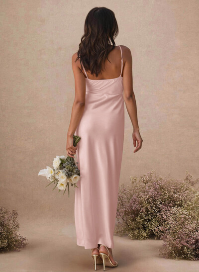 Sheath/Column Sleeveless Ankle-Length Silk Like Satin Bridesmaid Dresses With Split Front