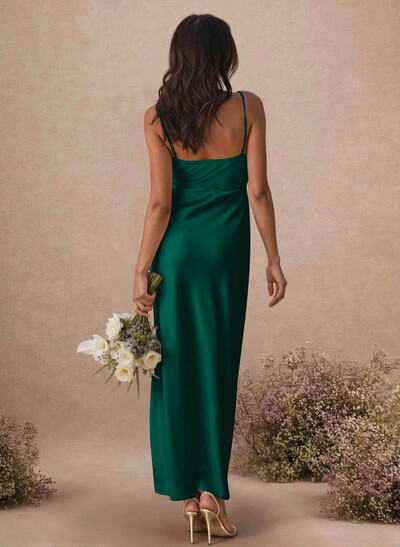 Sheath/Column Sleeveless Ankle-Length Silk Like Satin Bridesmaid Dresses With Split Front