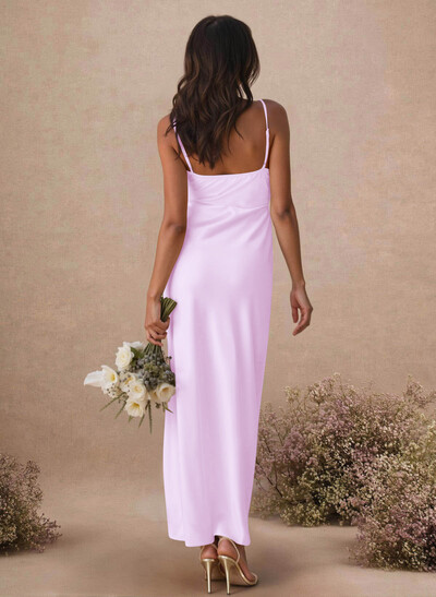 Sheath/Column Sleeveless Ankle-Length Silk Like Satin Bridesmaid Dresses With Split Front