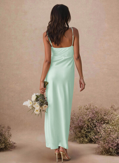 Sheath/Column Sleeveless Ankle-Length Silk Like Satin Bridesmaid Dresses With Split Front