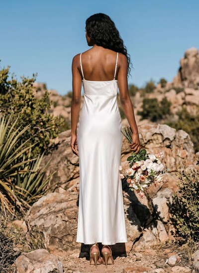 Sheath/Column Sleeveless Ankle-Length Silk Like Satin Bridesmaid Dresses With Split Front