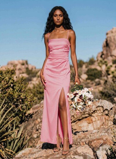 Sheath/Column Sleeveless Ankle-Length Silk Like Satin Bridesmaid Dresses With Split Front