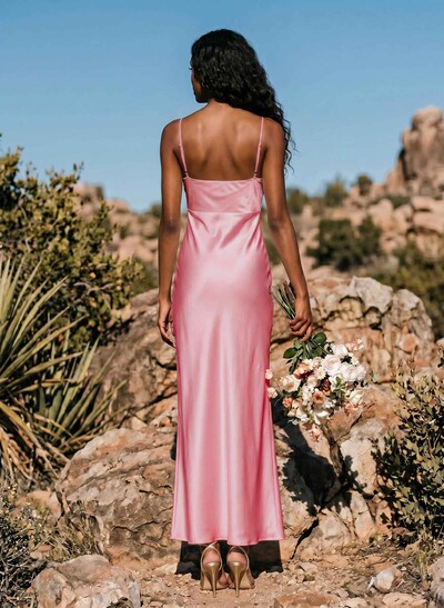 Sheath/Column Sleeveless Ankle-Length Silk Like Satin Bridesmaid Dresses With Split Front