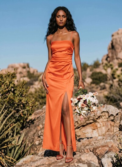 Sheath/Column Sleeveless Ankle-Length Silk Like Satin Bridesmaid Dresses With Split Front