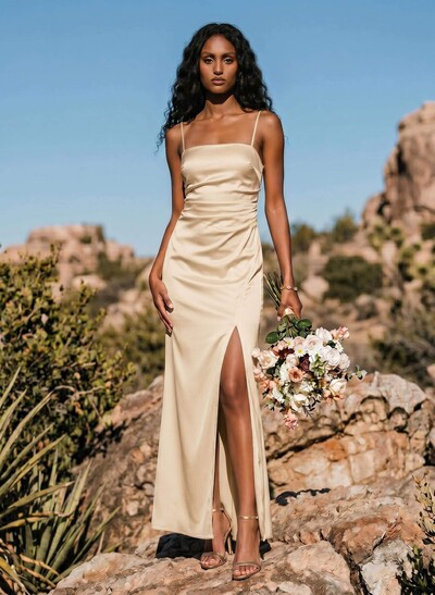 Sheath/Column Sleeveless Ankle-Length Silk Like Satin Bridesmaid Dresses With Split Front
