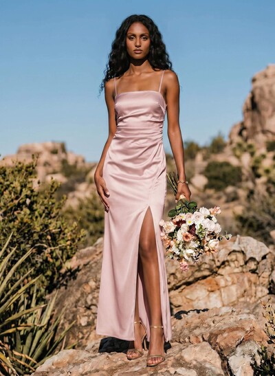 Sheath/Column Sleeveless Ankle-Length Silk Like Satin Bridesmaid Dresses With Split Front