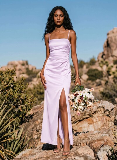 Sheath/Column Sleeveless Ankle-Length Silk Like Satin Bridesmaid Dresses With Split Front