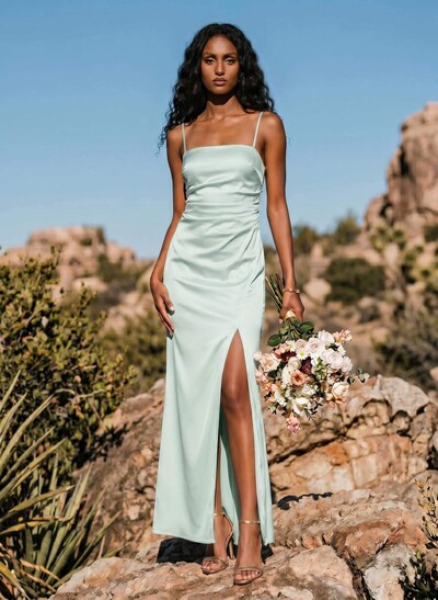 Sheath/Column Sleeveless Ankle-Length Silk Like Satin Bridesmaid Dresses With Split Front