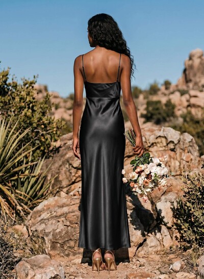 Sheath/Column Sleeveless Ankle-Length Silk Like Satin Bridesmaid Dresses With Split Front