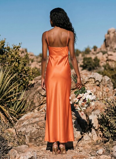 Sheath/Column Sleeveless Ankle-Length Silk Like Satin Bridesmaid Dresses With Split Front