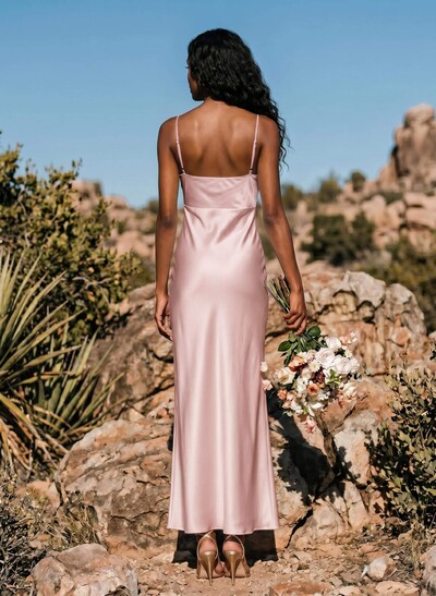 Sheath/Column Sleeveless Ankle-Length Silk Like Satin Bridesmaid Dresses With Split Front