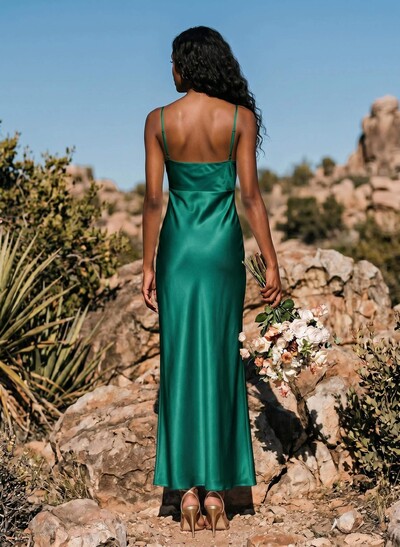 Sheath/Column Sleeveless Ankle-Length Silk Like Satin Bridesmaid Dresses With Split Front