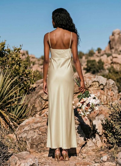 Sheath/Column Sleeveless Ankle-Length Silk Like Satin Bridesmaid Dresses With Split Front