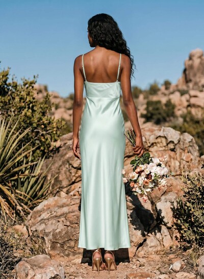 Sheath/Column Sleeveless Ankle-Length Silk Like Satin Bridesmaid Dresses With Split Front