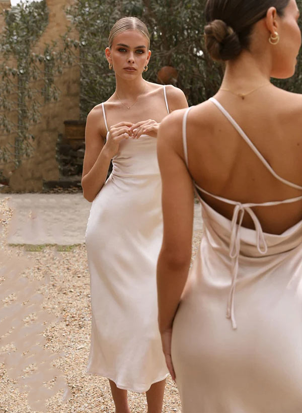 Sheath One-Shoulder Sleeveless Tea-Length charmeuse Bridesmaid Dresses