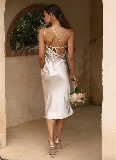 Sheath One-Shoulder Sleeveless Tea-Length charmeuse Bridesmaid Dresses