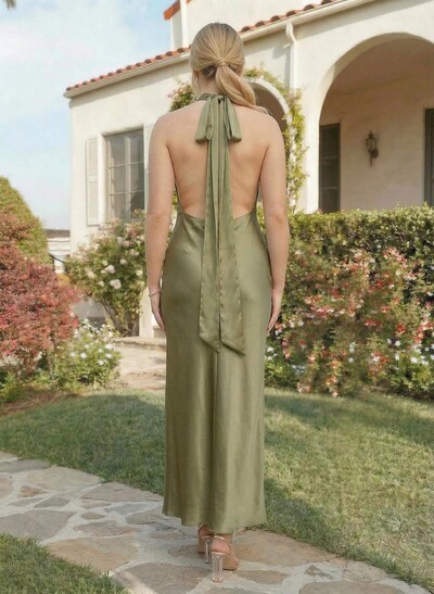 Sheath Halter Sleeveless Ankle-Length Charmeuse Bridesmaid Dresses
