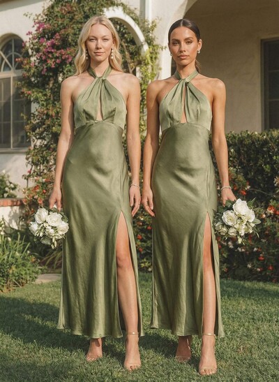 Sheath Halter Sleeveless Ankle-Length Charmeuse Bridesmaid Dresses