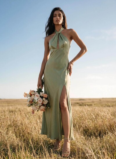 Sheath Halter Sleeveless Ankle-Length Charmeuse Bridesmaid Dresses