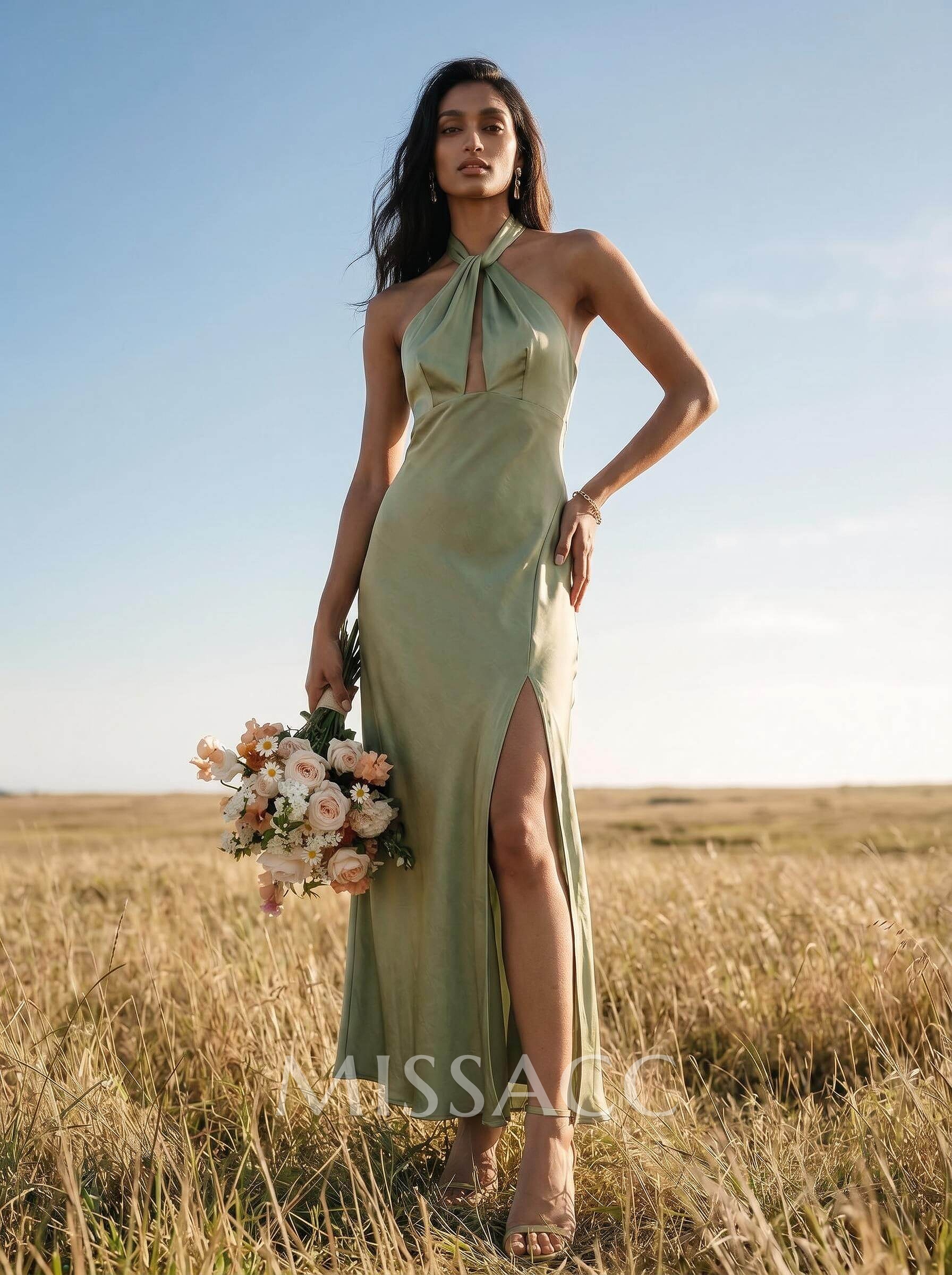 Sheath Halter Sleeveless Ankle-Length Charmeuse Bridesmaid Dresses