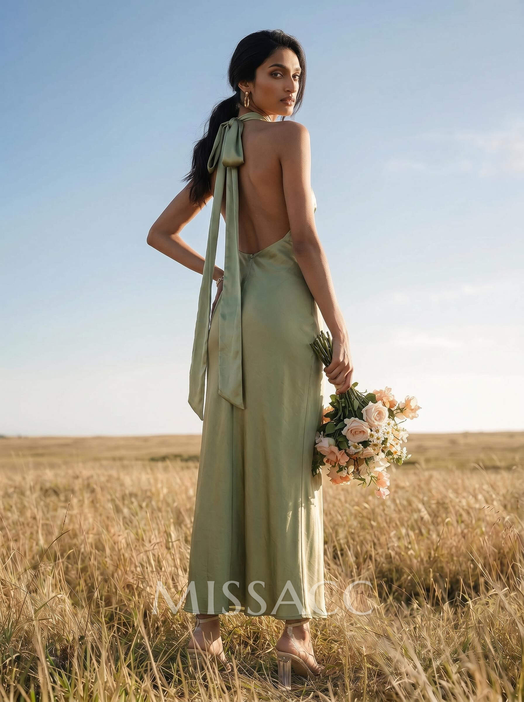 Sheath Halter Sleeveless Ankle-Length Charmeuse Bridesmaid Dresses