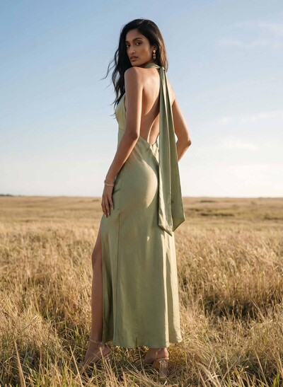 Sheath Halter Sleeveless Ankle-Length Charmeuse Bridesmaid Dresses