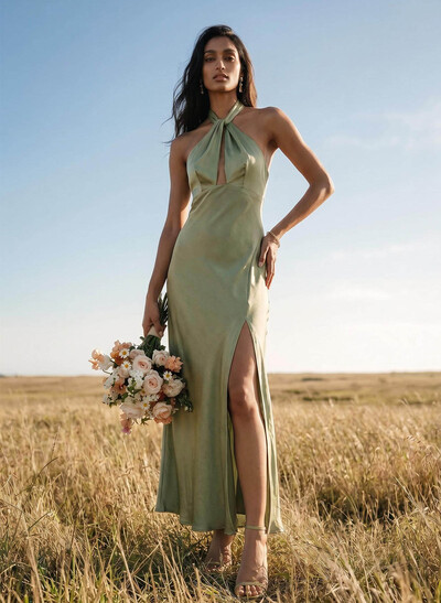Sheath Halter Sleeveless Ankle-Length Charmeuse Bridesmaid Dresses