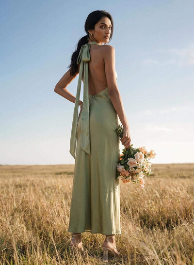 Sheath Halter Sleeveless Ankle-Length Charmeuse Bridesmaid Dresses