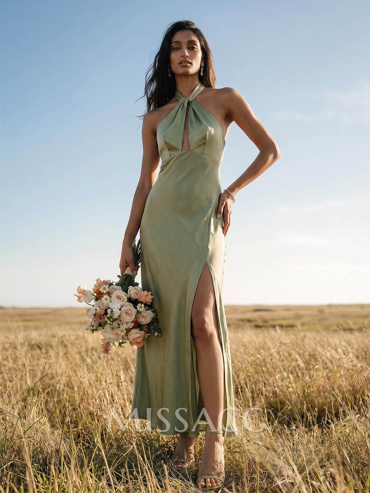 Sheath Halter Sleeveless Ankle-Length Charmeuse Bridesmaid Dresses Sheath Halter Sleeveless Ankle-Length Charmeuse Bridesmaid Dresses