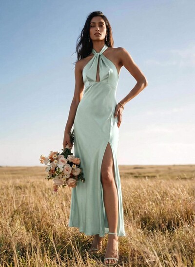 Sheath Halter Sleeveless Ankle-Length Charmeuse Bridesmaid Dresses