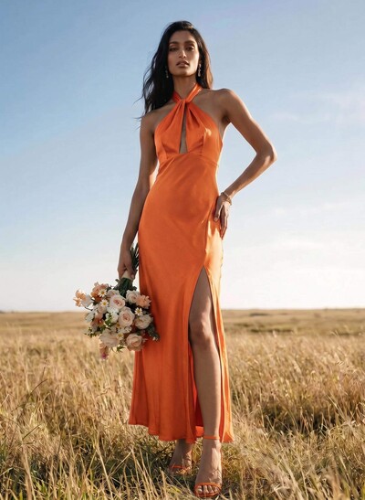 Sheath Halter Sleeveless Ankle-Length Charmeuse Bridesmaid Dresses