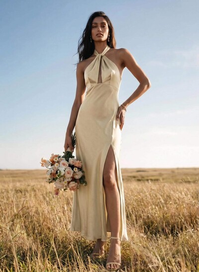 Sheath Halter Sleeveless Ankle-Length Charmeuse Bridesmaid Dresses