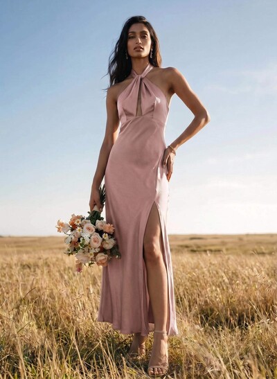 Sheath Halter Sleeveless Ankle-Length Charmeuse Bridesmaid Dresses