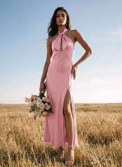 Sheath Halter Sleeveless Ankle-Length Charmeuse Bridesmaid Dresses