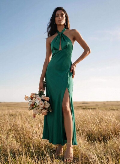 Sheath Halter Sleeveless Ankle-Length Charmeuse Bridesmaid Dresses