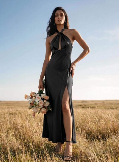 Sheath Halter Sleeveless Ankle-Length Charmeuse Bridesmaid Dresses