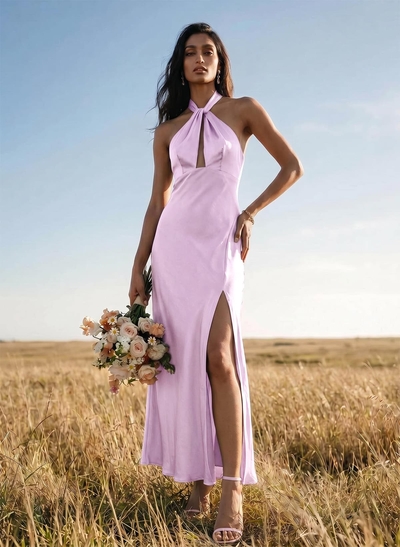 Sheath Halter Sleeveless Ankle-Length Charmeuse Bridesmaid Dresses