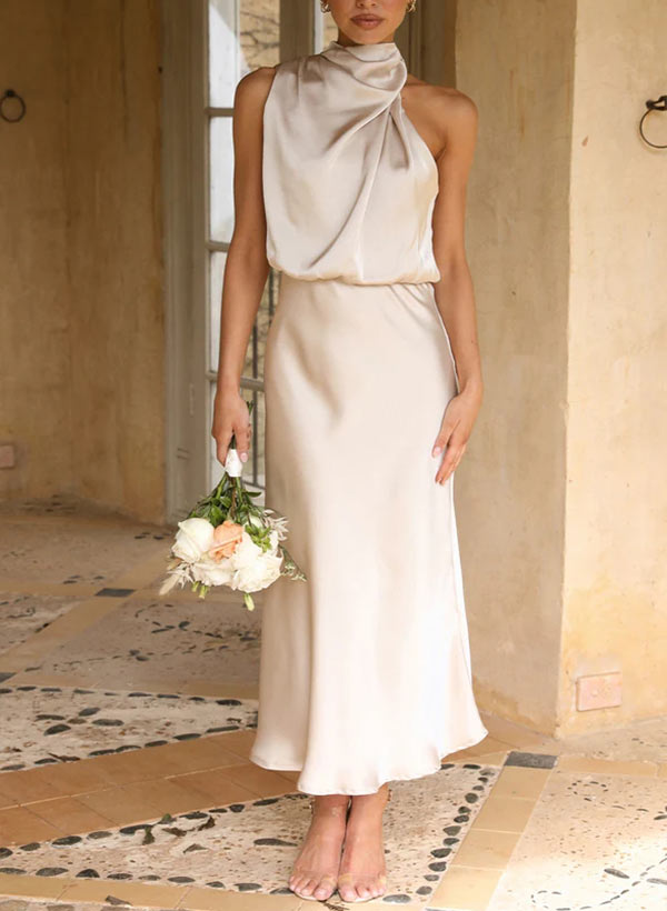 Sheath/Column Sleeveless Ankle-Length Silk Like Satin Bridesmaid Dresses
