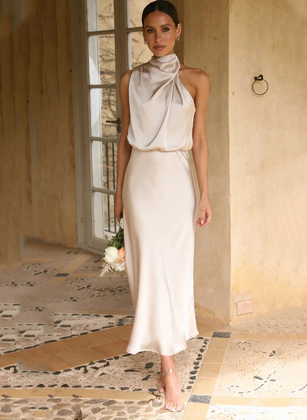 Sheath/Column Sleeveless Ankle-Length Silk Like Satin Bridesmaid Dresses