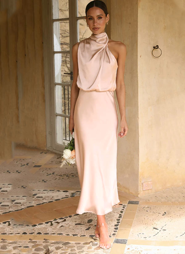 Sheath/Column Sleeveless Ankle-Length Silk Like Satin Bridesmaid Dresses