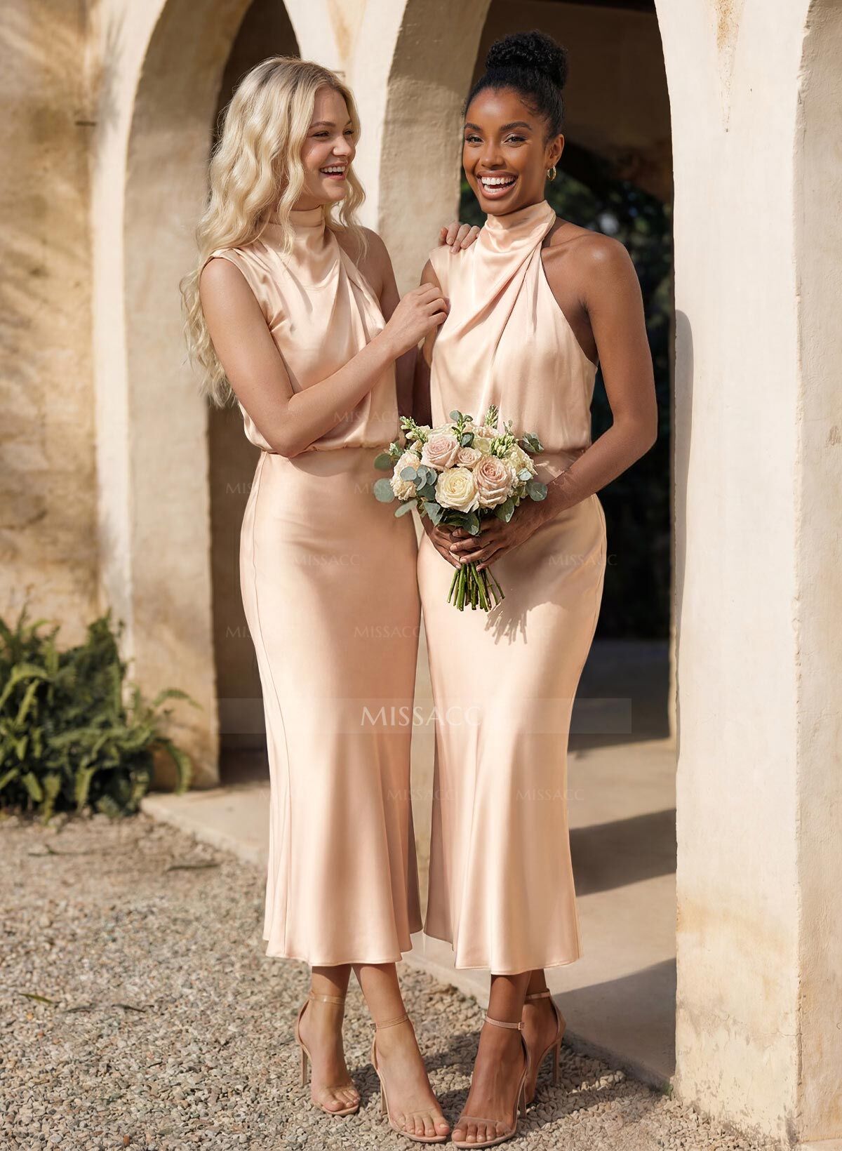 Sheath/Column Sleeveless Ankle-Length Silk Like Satin Bridesmaid Dresses