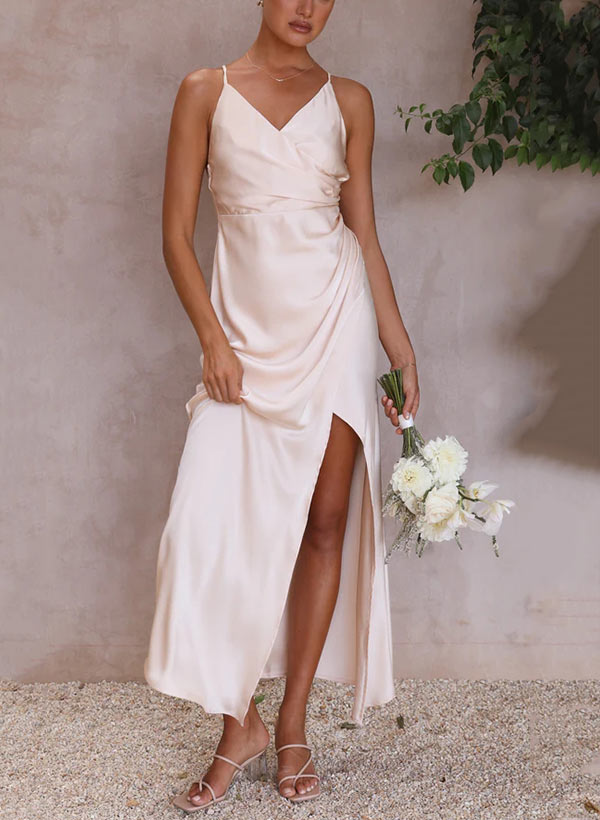 Sheath V-neck Sleeveless Ankle-Length charmeuse Bridesmaid Dresses With Split Front